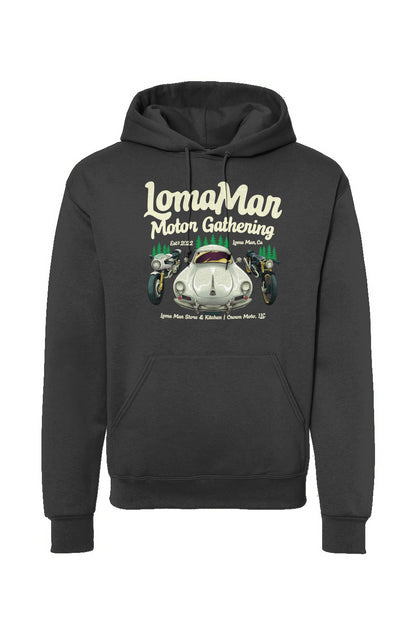 Original "Loma Mar Motor Gathering" poster art on chest of pullover hoodie