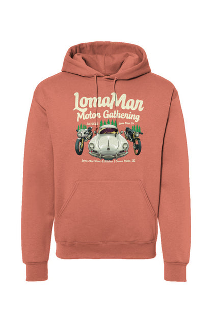 Original "Loma Mar Motor Gathering" poster art on chest of pullover hoodie