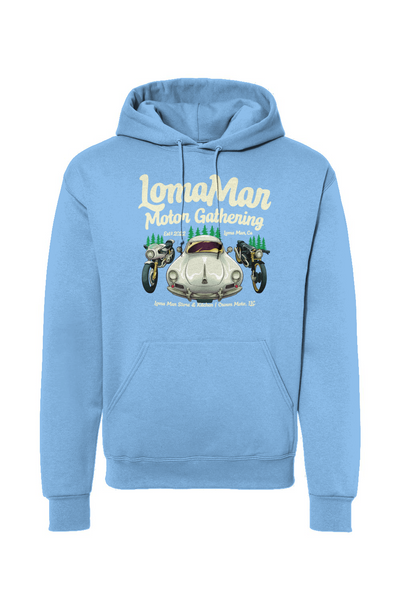 Original "Loma Mar Motor Gathering" poster art on chest of pullover hoodie