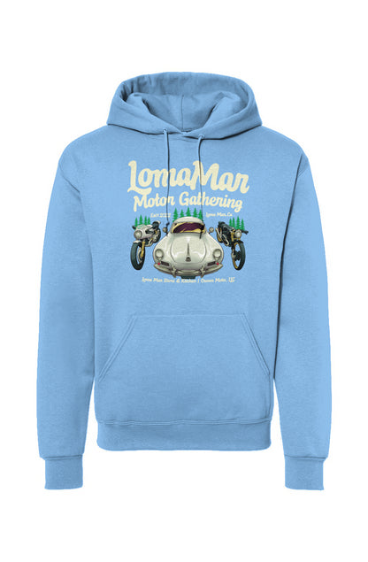 Original "Loma Mar Motor Gathering" poster art on chest of pullover hoodie