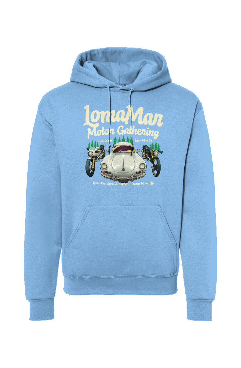 Original "Loma Mar Motor Gathering" poster art on chest of pullover hoodie