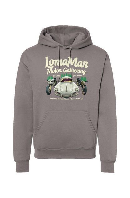 Original "Loma Mar Motor Gathering" poster art on chest of pullover hoodie