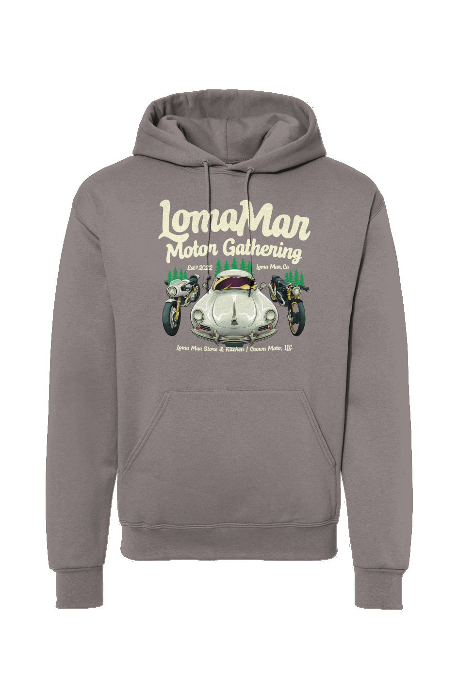 Original "Loma Mar Motor Gathering" poster art on chest of pullover hoodie