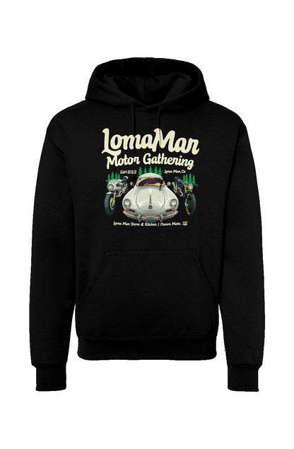 Original "Loma Mar Motor Gathering" poster art on chest of pullover hoodie