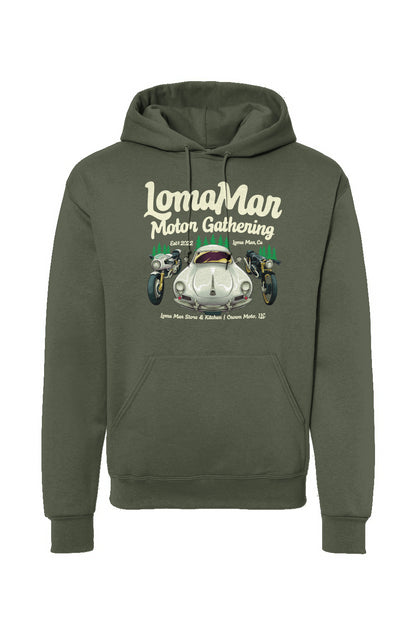 Original "Loma Mar Motor Gathering" poster art on chest of pullover hoodie