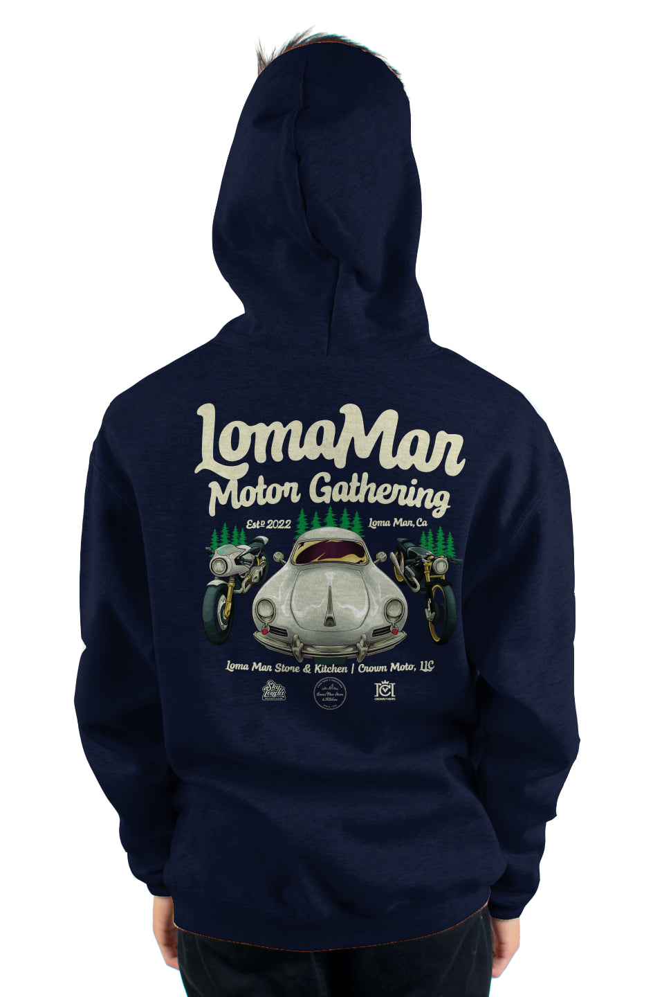 Original "Loma Mar Motor Gathering" poster art on back of pullover hoodie