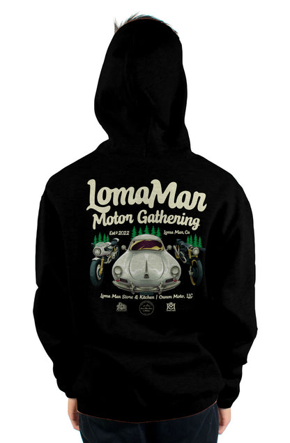 Original "Loma Mar Motor Gathering" poster art on back of pullover hoodie