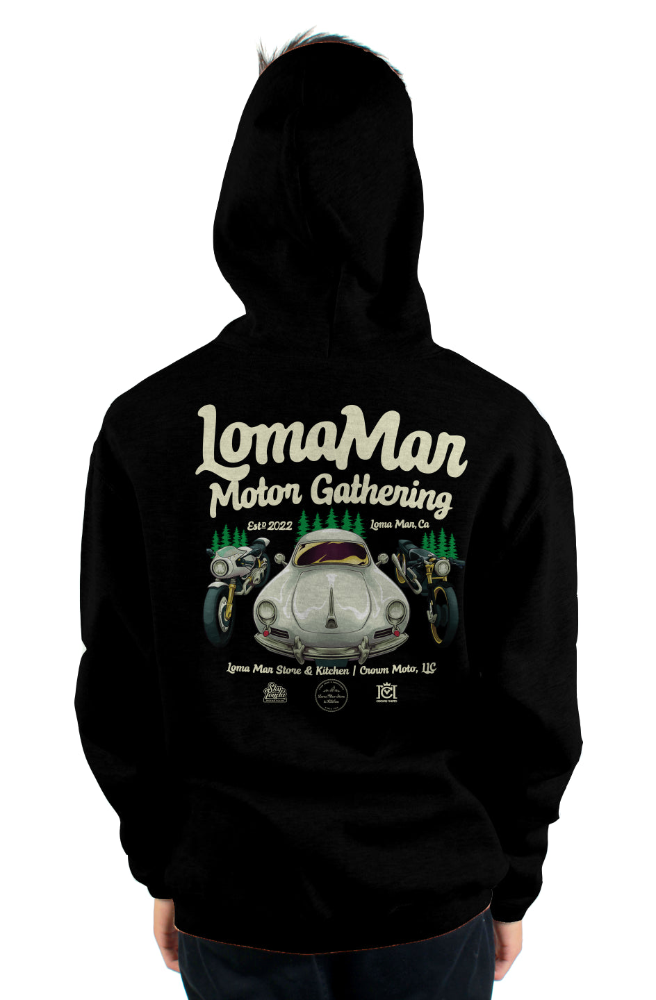 Original "Loma Mar Motor Gathering" poster art on back of pullover hoodie