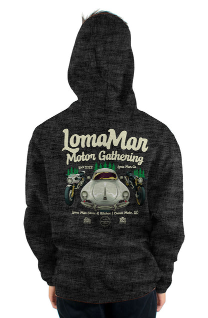 Original "Loma Mar Motor Gathering" poster art on back of pullover hoodie