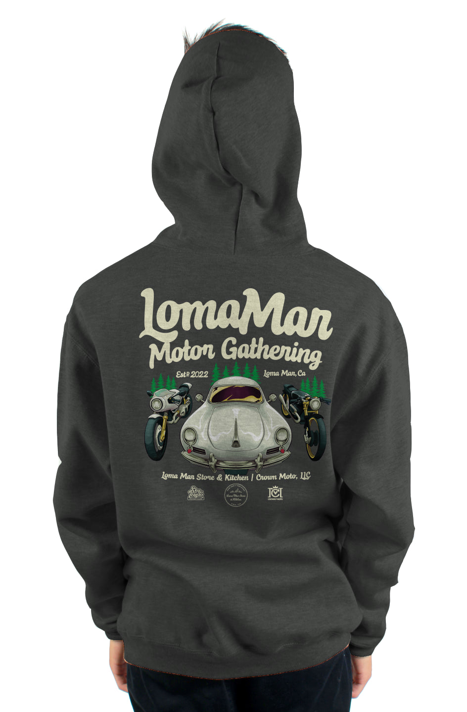 Original "Loma Mar Motor Gathering" poster art on back of pullover hoodie