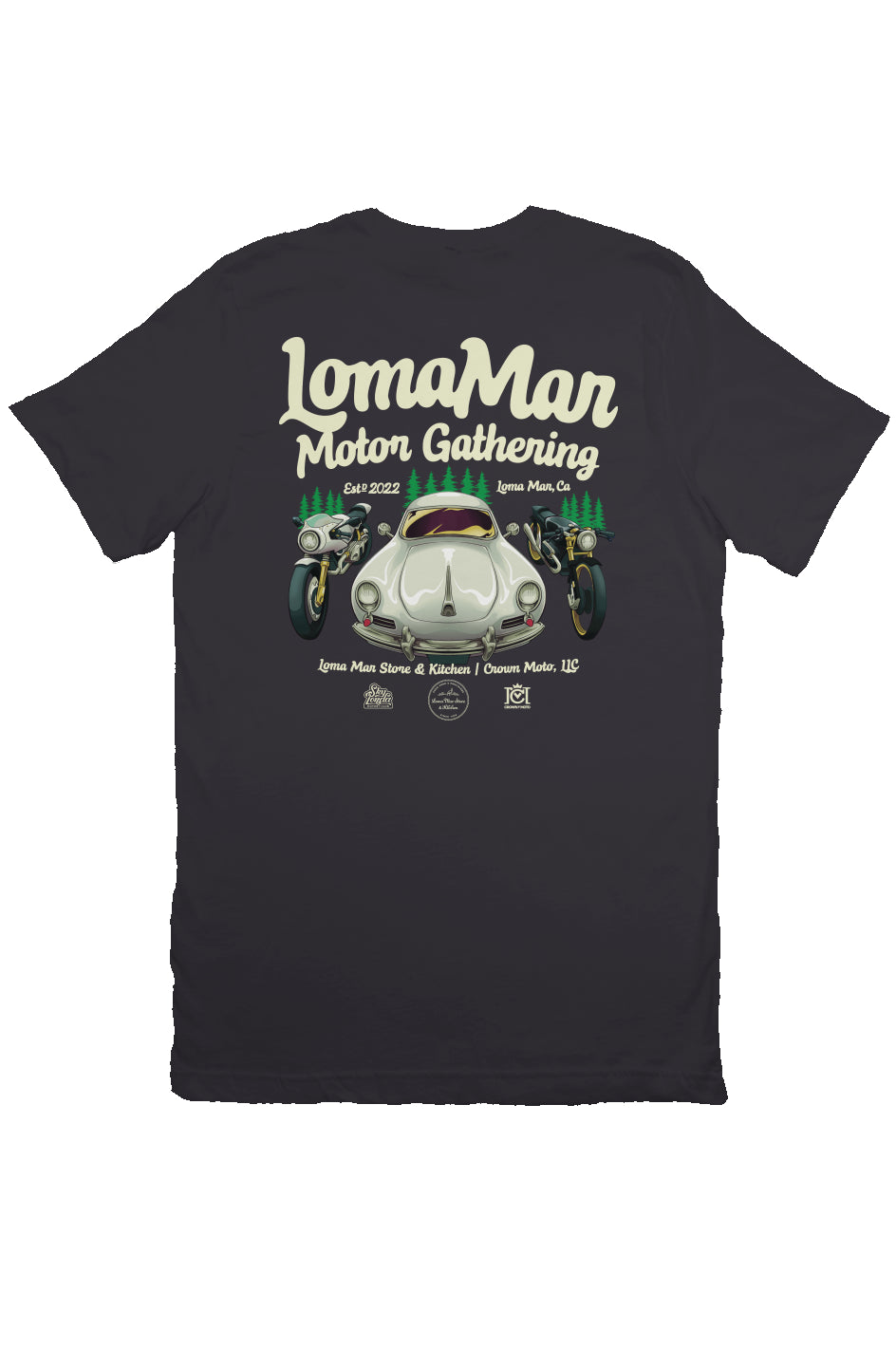 Original "Loma Mar Motor Gathering" poster art on back of short sleeve t-shirt