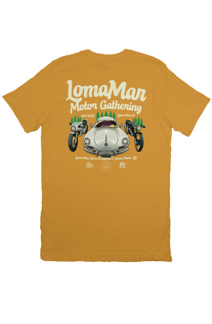 Original "Loma Mar Motor Gathering" poster art on back of short sleeve t-shirt