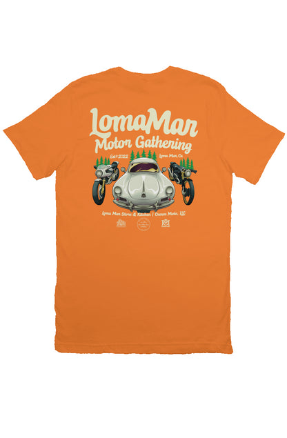 Original "Loma Mar Motor Gathering" poster art on back of short sleeve t-shirt