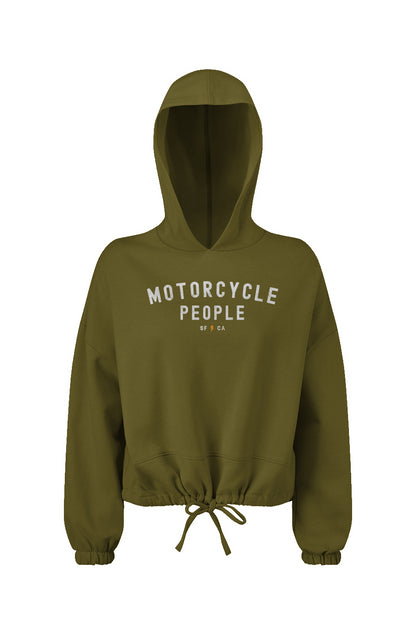 Ladies' Cropped Oversize Hooded Sweatshirt with "motorcycle people" SF CA design on chest