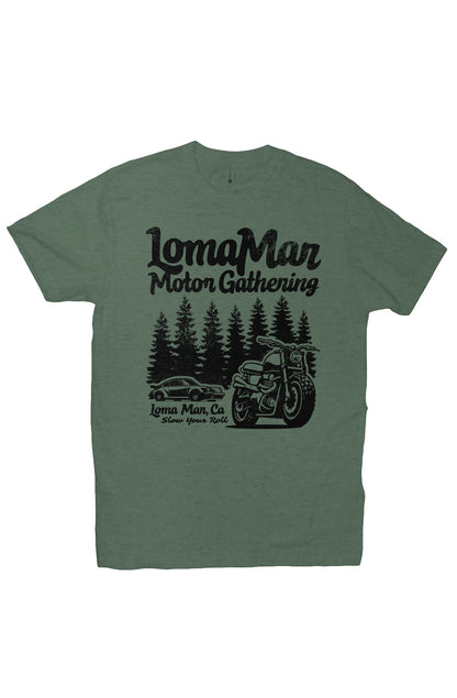 Premium short sleeve T-shirt with "Loma Mar Motor Gathering" porsche 911 and motorcycle design on chest