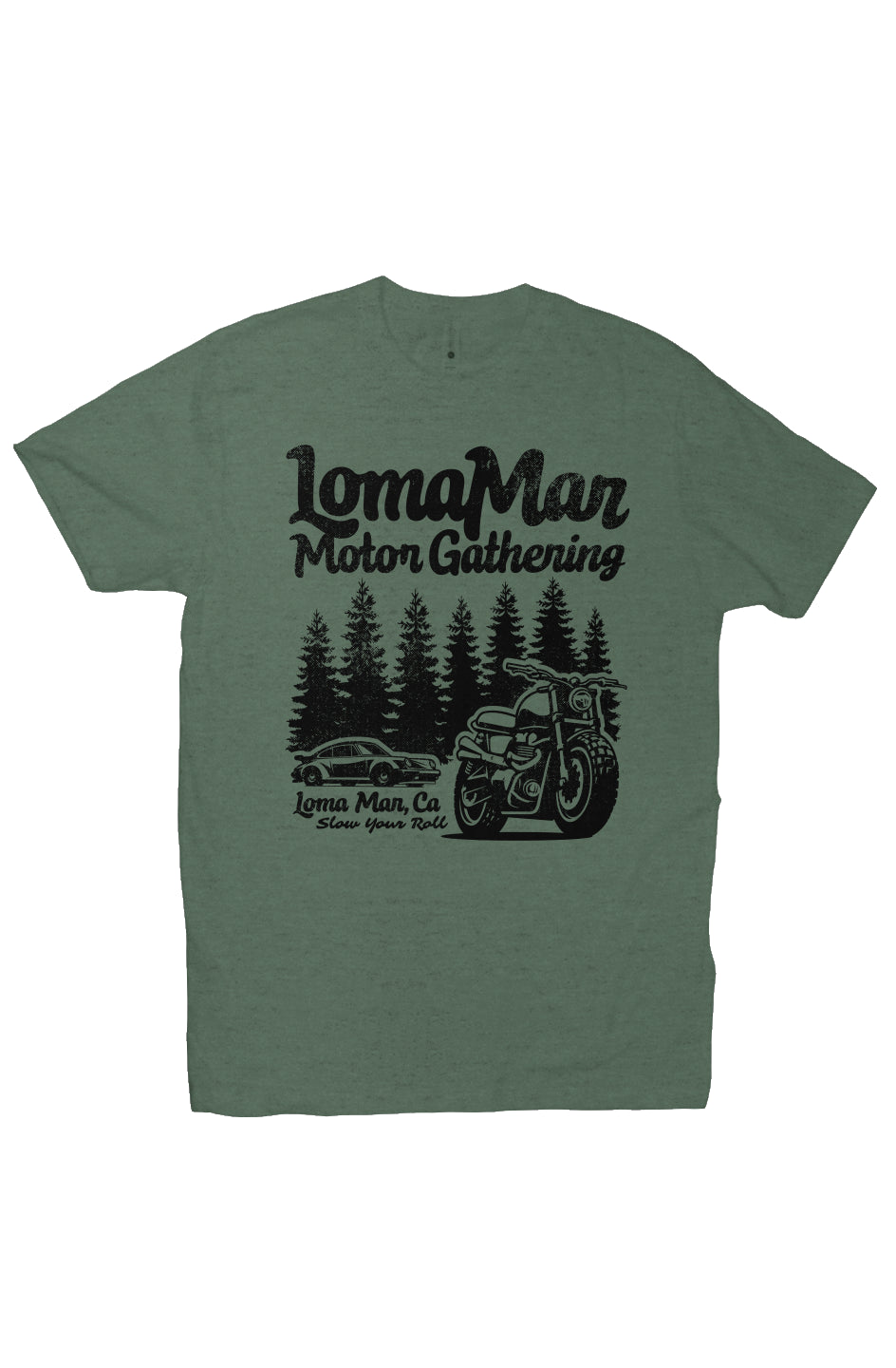 Premium short sleeve T-shirt with "Loma Mar Motor Gathering" porsche 911 and motorcycle design on chest