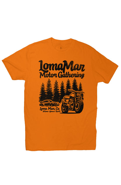 Premium short sleeve T-shirt with "Loma Mar Motor Gathering" porsche 911 and motorcycle design on chest