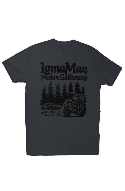 Premium short sleeve T-shirt with "Loma Mar Motor Gathering" porsche 911 and motorcycle design on chest