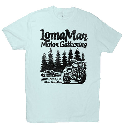 Premium short sleeve T-shirt with "Loma Mar Motor Gathering" porsche 911 and motorcycle design on chest