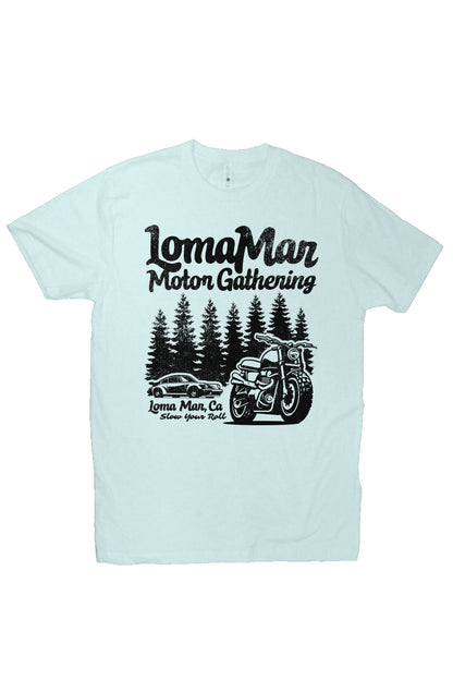 Premium short sleeve T-shirt with "Loma Mar Motor Gathering" porsche 911 and motorcycle design on chest