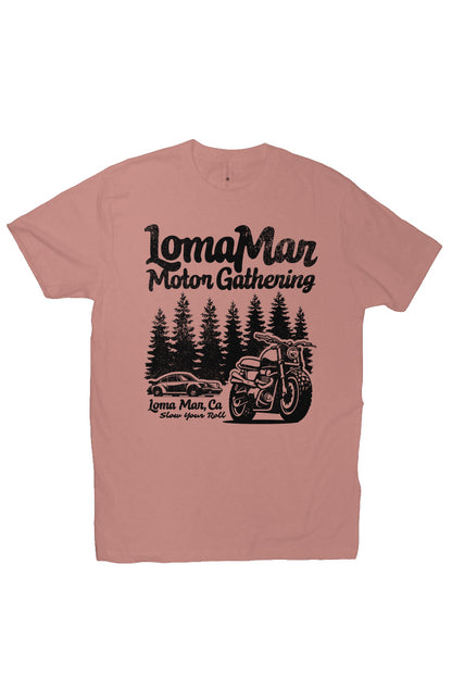 Premium short sleeve T-shirt with "Loma Mar Motor Gathering" porsche 911 and motorcycle design on chest