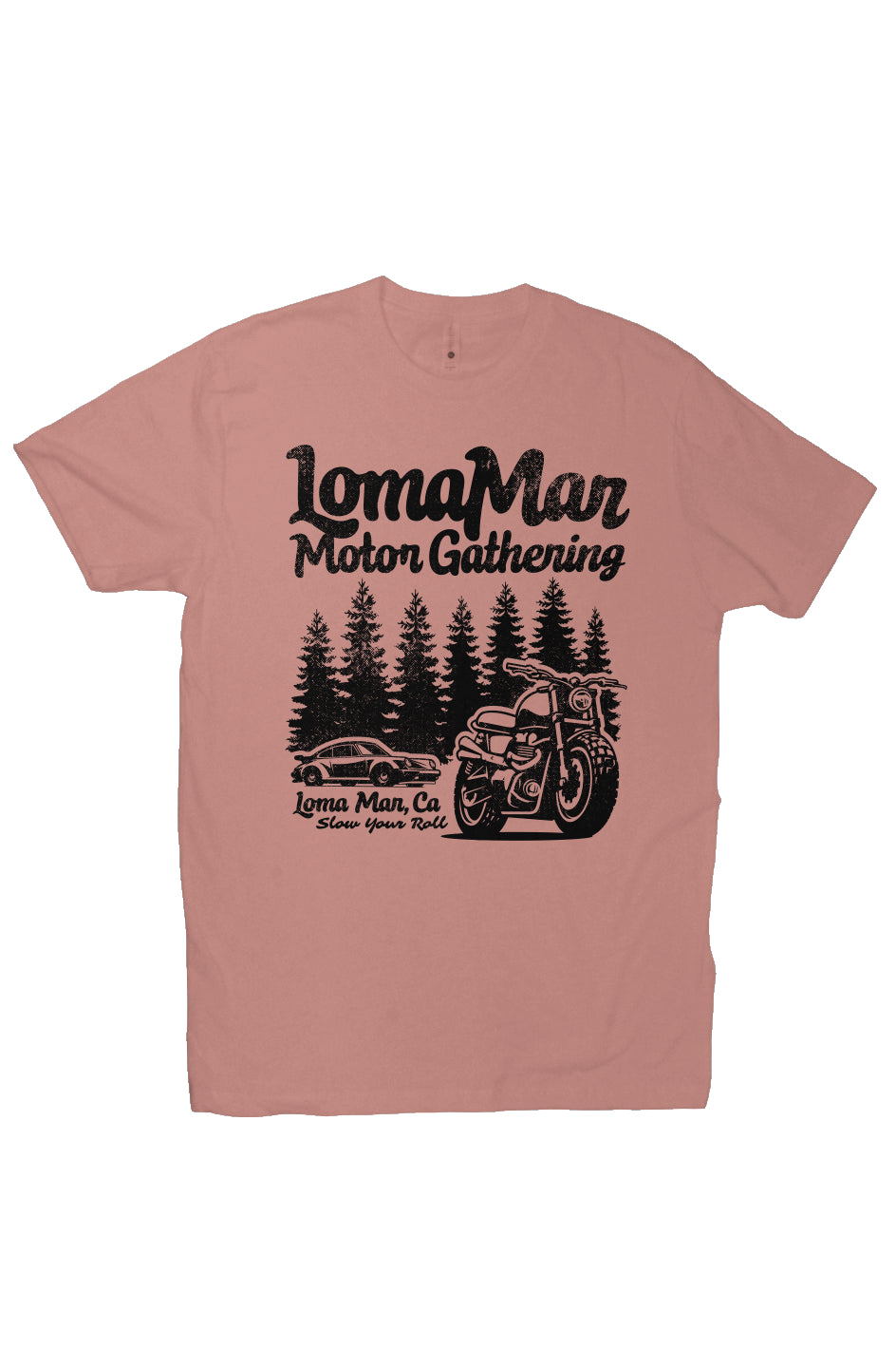 Premium short sleeve T-shirt with "Loma Mar Motor Gathering" porsche 911 and motorcycle design on chest