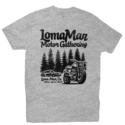 Premium short sleeve T-shirt with "Loma Mar Motor Gathering" porsche 911 and motorcycle design on chest