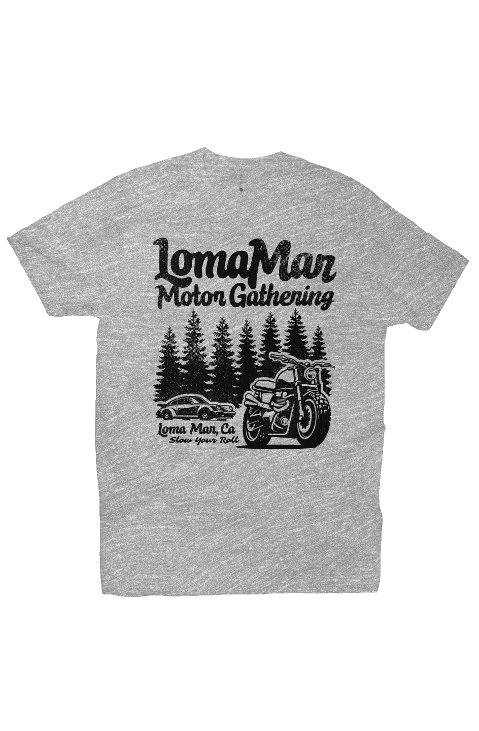 Premium short sleeve T-shirt with "Loma Mar Motor Gathering" porsche 911 and motorcycle design on chest