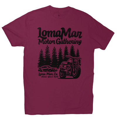 Premium short sleeve T-shirt with "Loma Mar Motor Gathering" design on chest