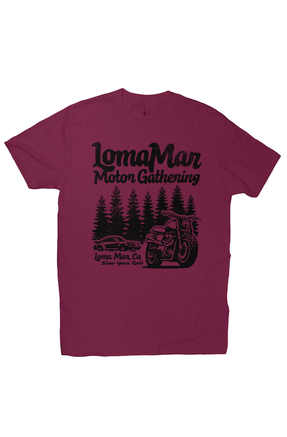 Premium short sleeve T-shirt with "Loma Mar Motor Gathering" design on chest