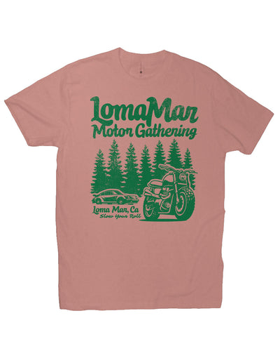 Premium short sleeve T-shirt with "Loma Mar Motor Gathering" design on chest