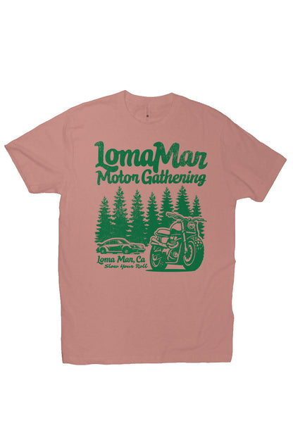 Premium short sleeve T-shirt with "Loma Mar Motor Gathering" design on chest