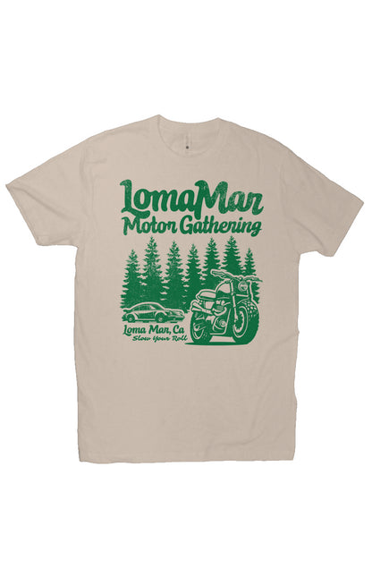 Premium short sleeve T-shirt with "Loma Mar Motor Gathering" design on chest