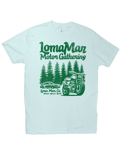 Premium short sleeve T-shirt with "Loma Mar Motor Gathering" design on chest