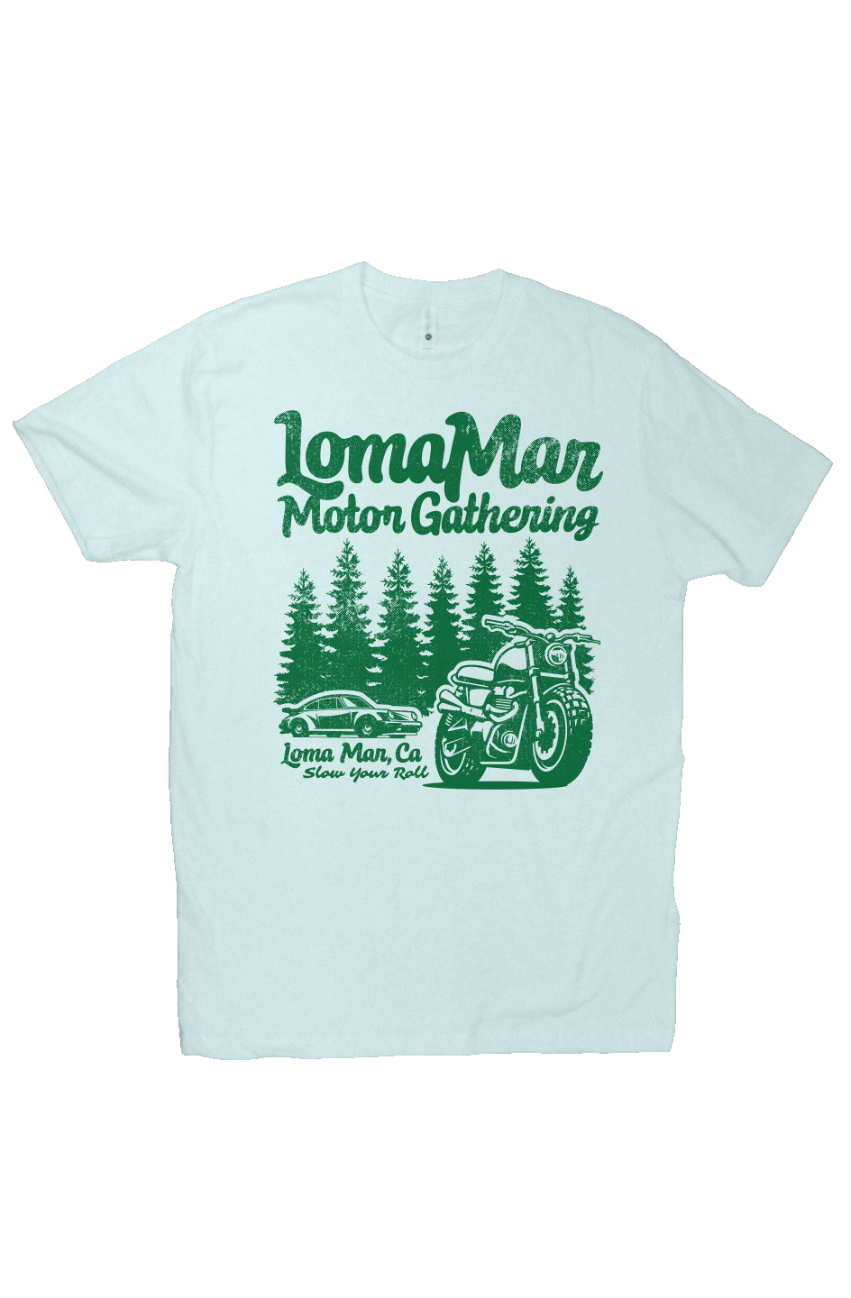 Premium short sleeve T-shirt with "Loma Mar Motor Gathering" design on chest