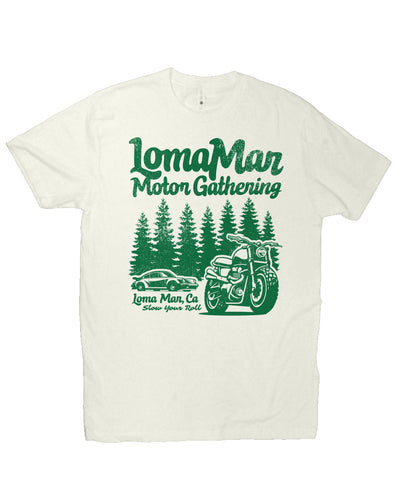 Premium short sleeve T-shirt with "Loma Mar Motor Gathering" design on chest