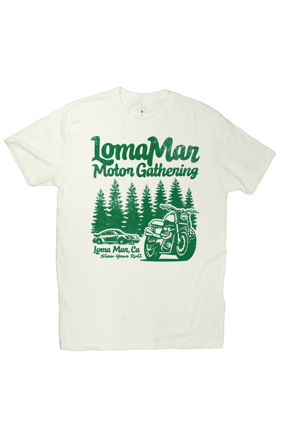 Premium short sleeve T-shirt with "Loma Mar Motor Gathering" design on chest