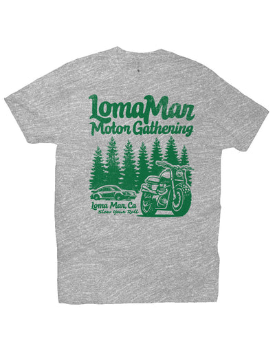 Premium short sleeve T-shirt with "Loma Mar Motor Gathering" design on chest