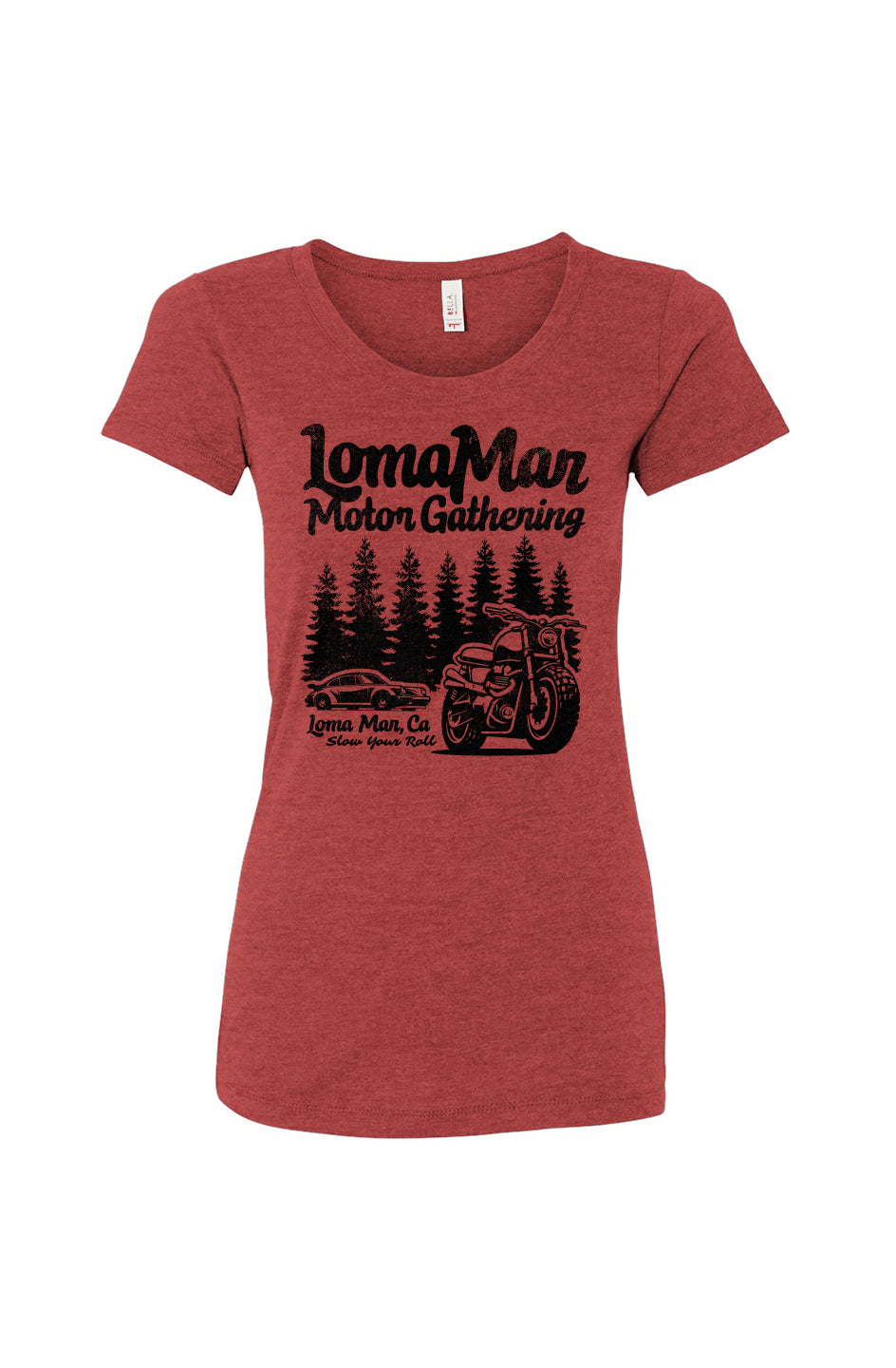 Women's Triblend T-shirt with "Loma Mar Motor Gathering" design on chest