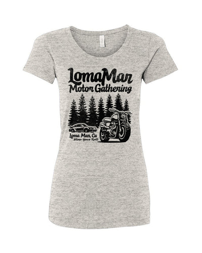 Women's Triblend T-shirt with "Loma Mar Motor Gathering" design on chest