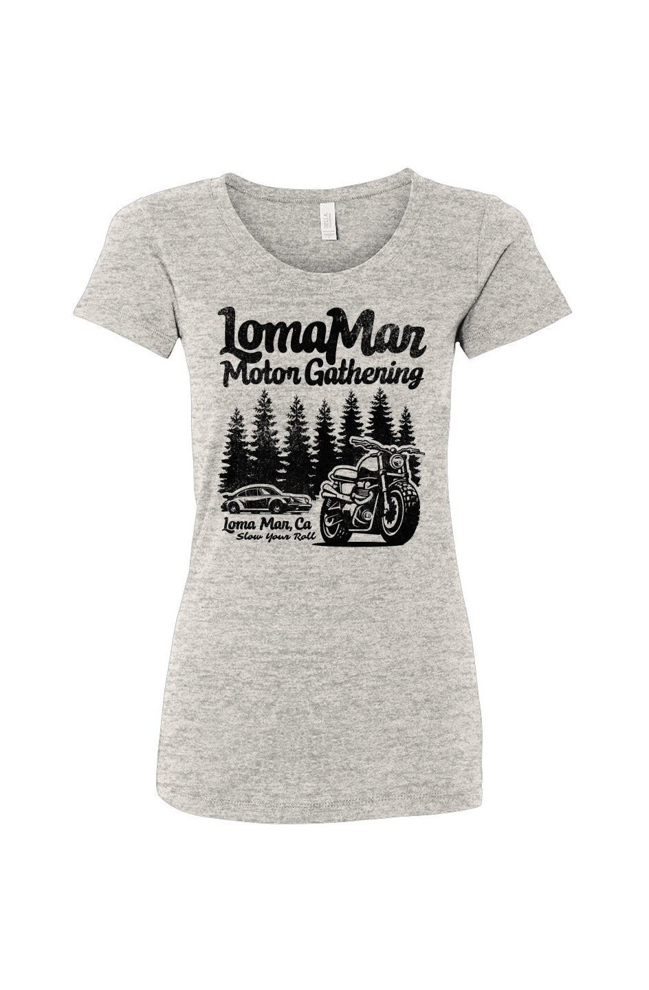 Women's Triblend T-shirt with "Loma Mar Motor Gathering" design on chest