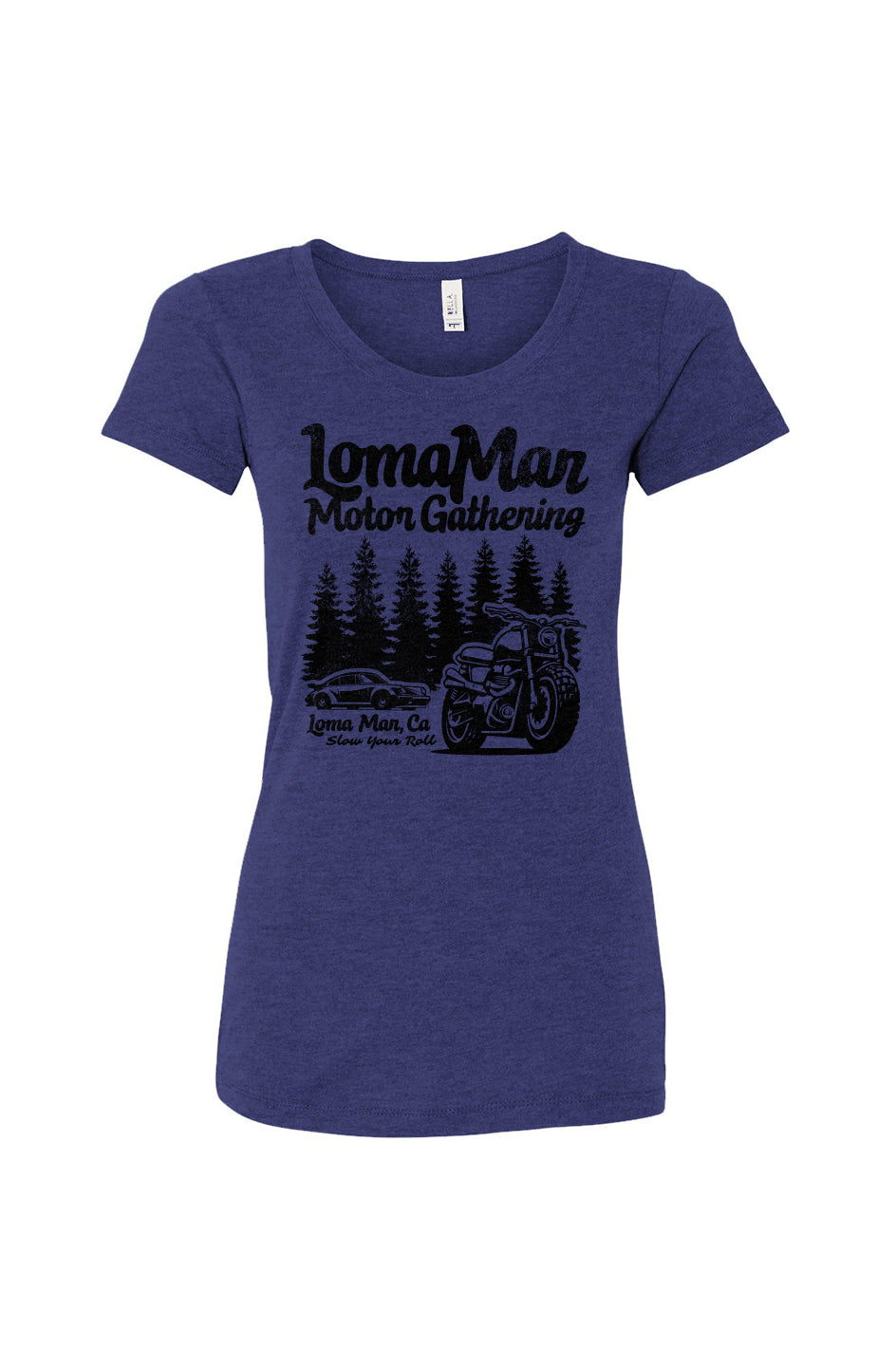 Women's Triblend T-shirt with "Loma Mar Motor Gathering" design on chest