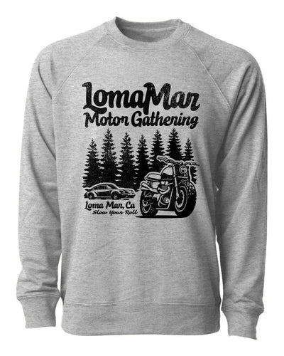Loopback Terry Crewneck Sweatshirt with "Loma Mar Motor Gathering" design on chest