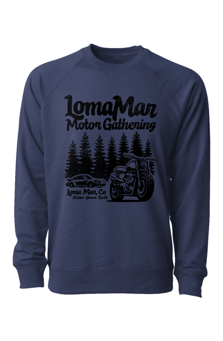 Loopback Terry Crewneck Sweatshirt with "Loma Mar Motor Gathering" design on chest