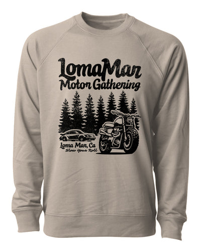 Loopback Terry Crewneck Sweatshirt with "Loma Mar Motor Gathering" design on chest
