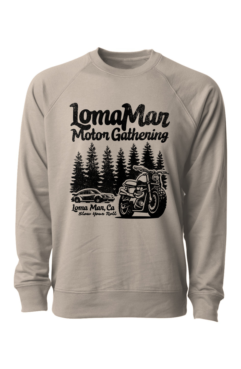 Loopback Terry Crewneck Sweatshirt with "Loma Mar Motor Gathering" design on chest