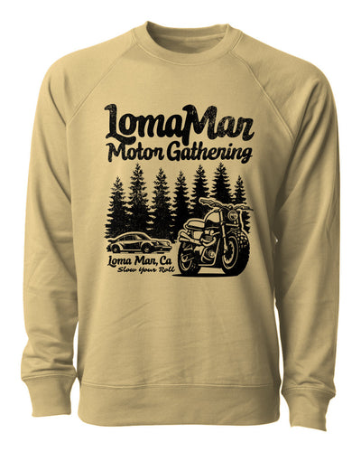 Loopback Terry Crewneck Sweatshirt with "Loma Mar Motor Gathering" design on chest