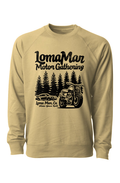 Loopback Terry Crewneck Sweatshirt with "Loma Mar Motor Gathering" design on chest