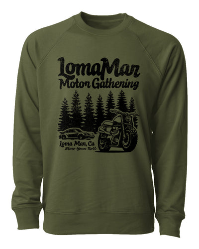 Loopback Terry Crewneck Sweatshirt with "Loma Mar Motor Gathering" design on chest