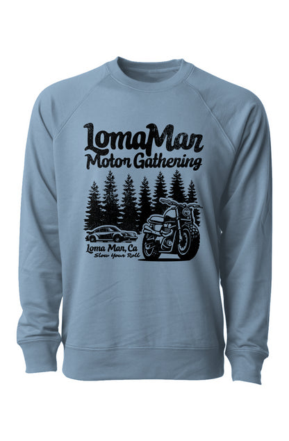 Loopback Terry Crewneck Sweatshirt with "Loma Mar Motor Gathering" design on chest